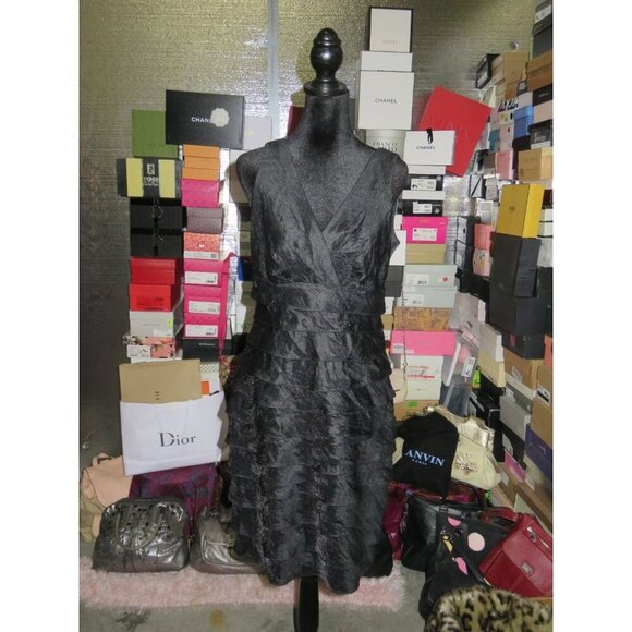 LONDON TIMES Black Shimmering Rayon Sleeveless Tiered Ruffle Ruched Cocktail Dre - Picture 1 of 10